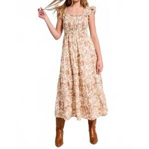 NEW ULTRAMARINE rainey smocked toile midi dress in brown toile